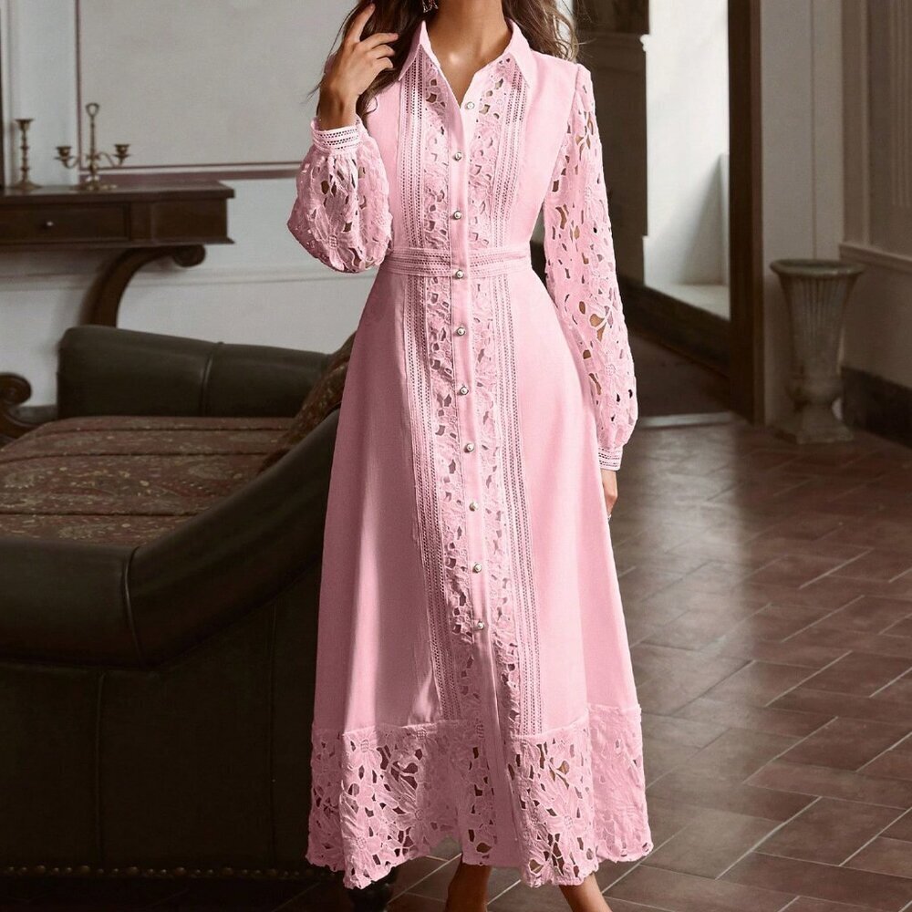 Pink Elegant Women's Hollow Lace Long Dress
